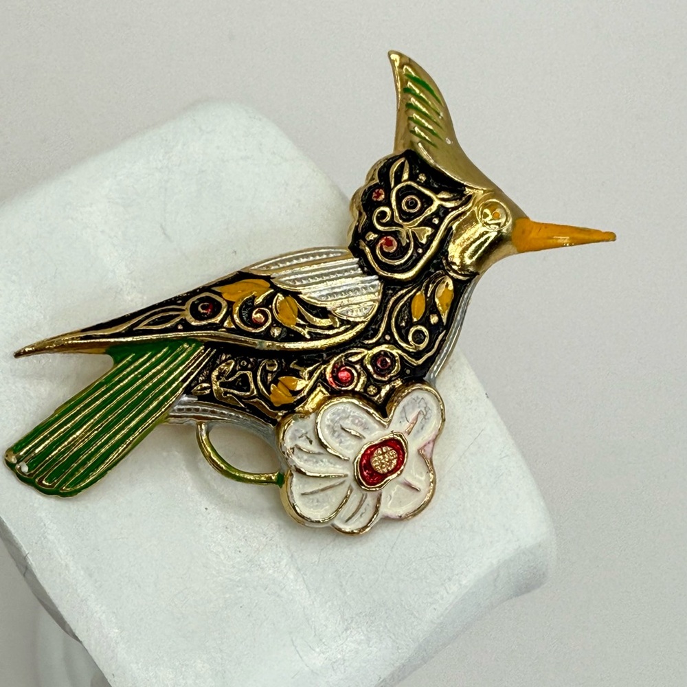 Vintage Painted Damscene Hummingbird Brooch Gold Tone Made In Spain 2.25” - Picture 5 of 15